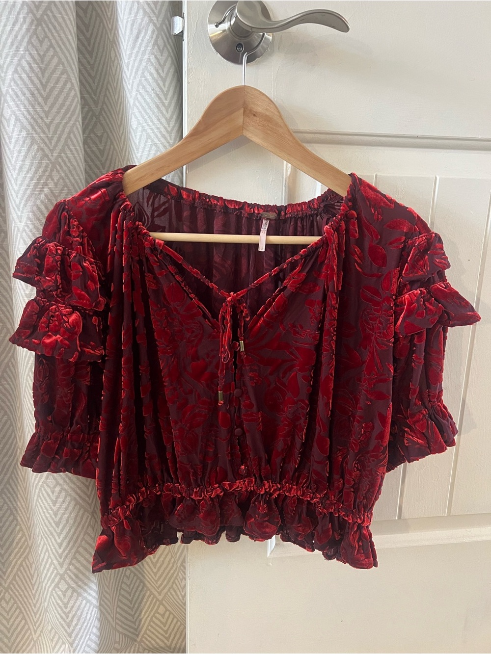 Free People Burgundy Red Velvet Burnout Peasant Blouse Front Tie Large